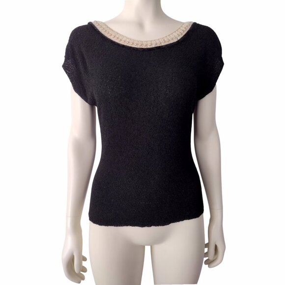 Vintage 1950s Black Rayon Stretch Knit Pearl Beaded Cap Sleeve Blouse Size S/M - Picture 1 of 9